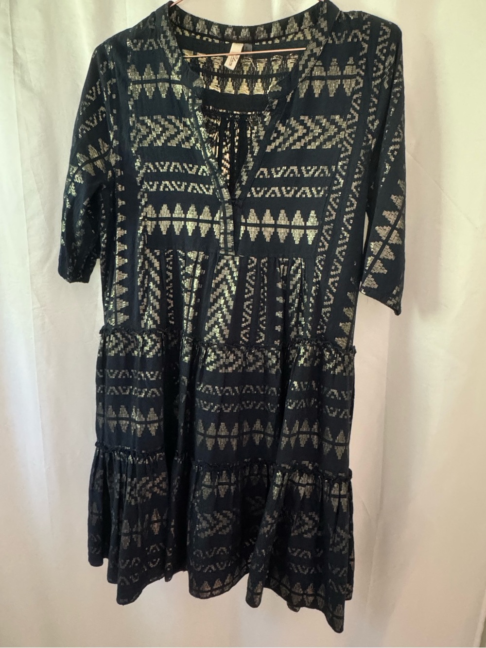 Elan Navy Midi Dress with Metallic Gold Tribal Print